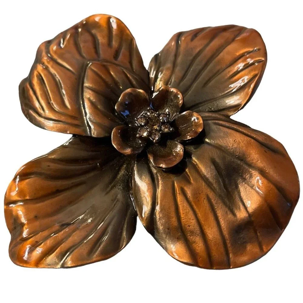 VTG Erwin Pearl Rhinestone Layered Petal‎ Flower Copper Color Enamel Brooch Pin